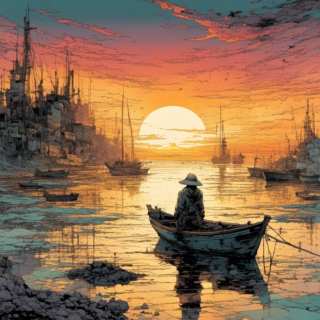 Retro Anime Cyberpunk Fisherman at Dawn in Gouache Style