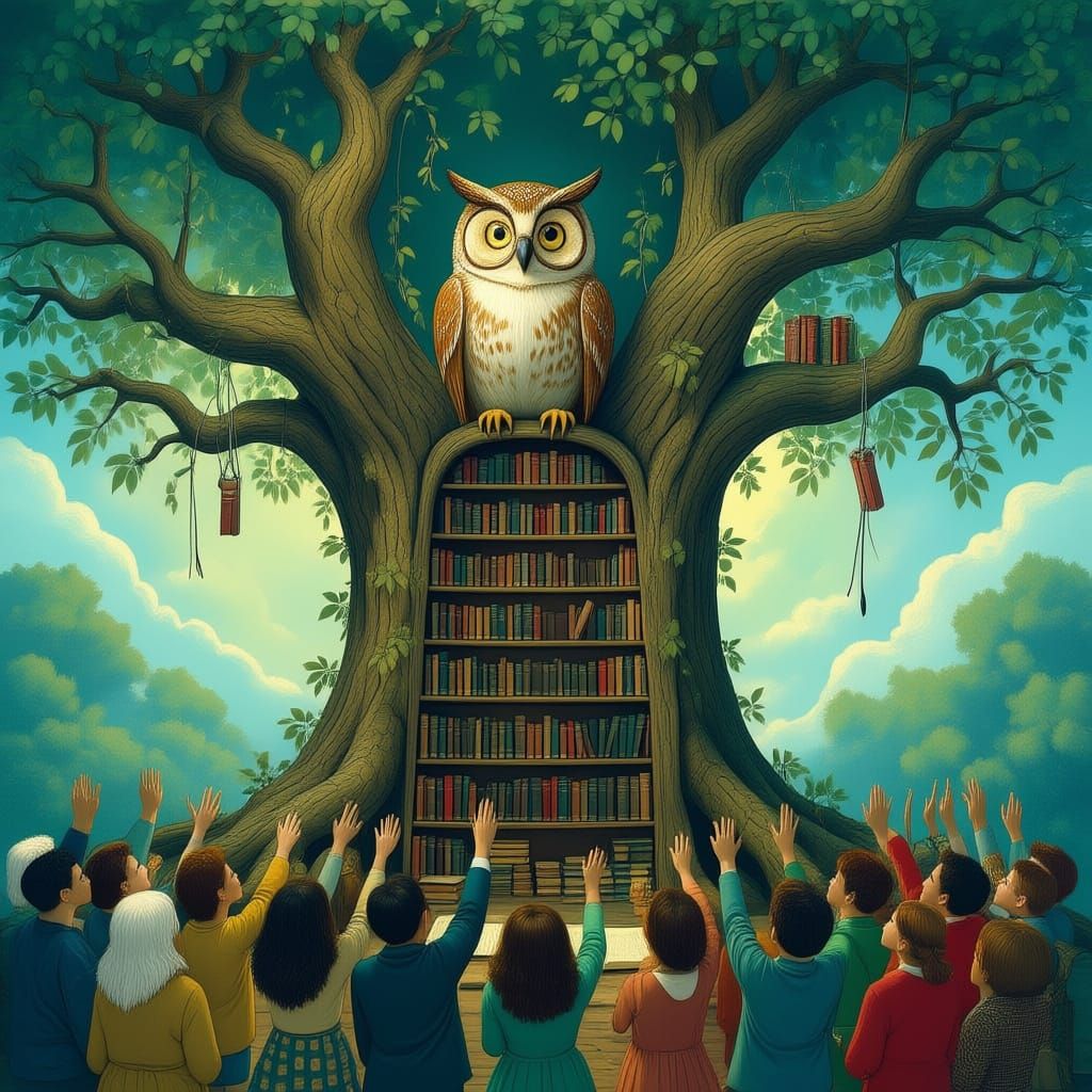 Wise Owl Shares Knowledge from Book-Laden Tree