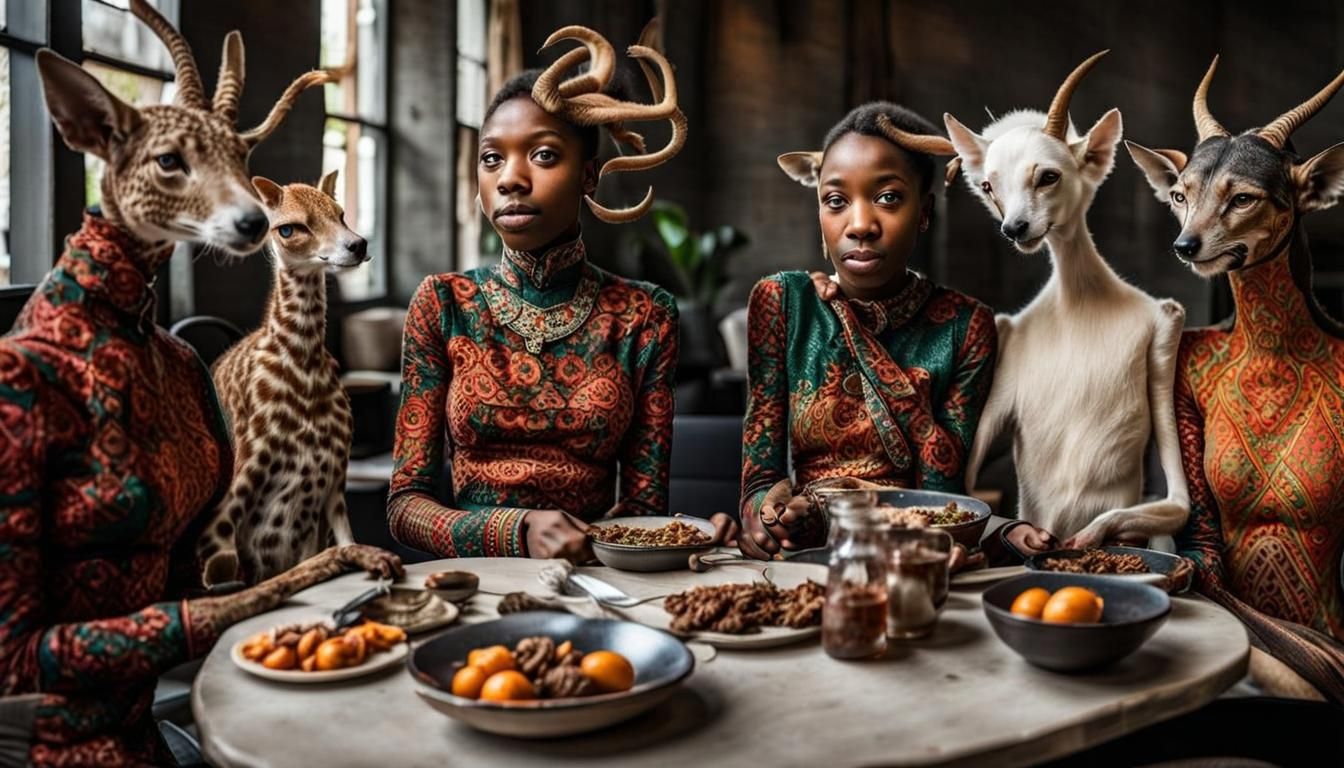 Surreal Restaurant Scene with Beautiful Aliens: Hyperreal Pa...