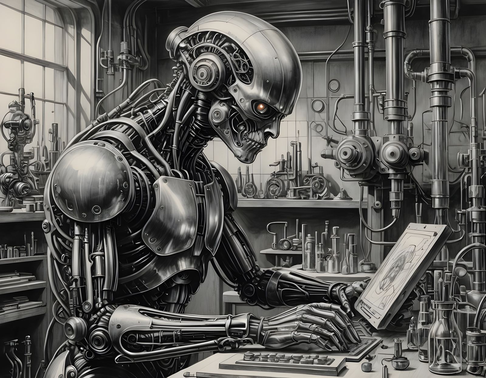 Cyborg in Laboratory: Mysterious Pencil Sketch