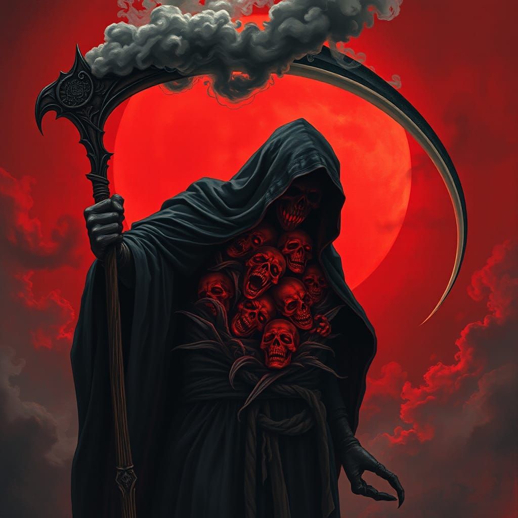 Reaper of Death Silhouette Under Red Moon