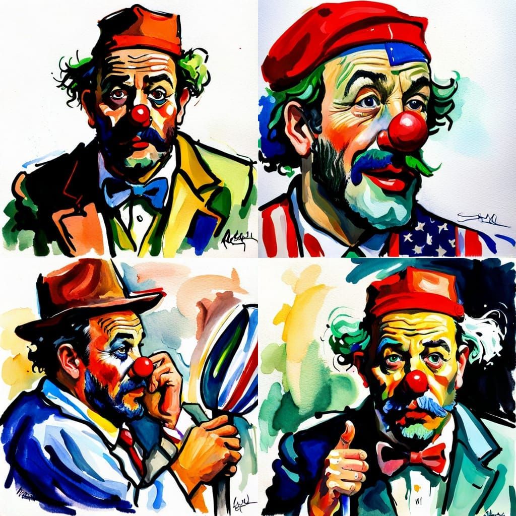 Hyperrealistic Clowns and Jokers in Gouache Style