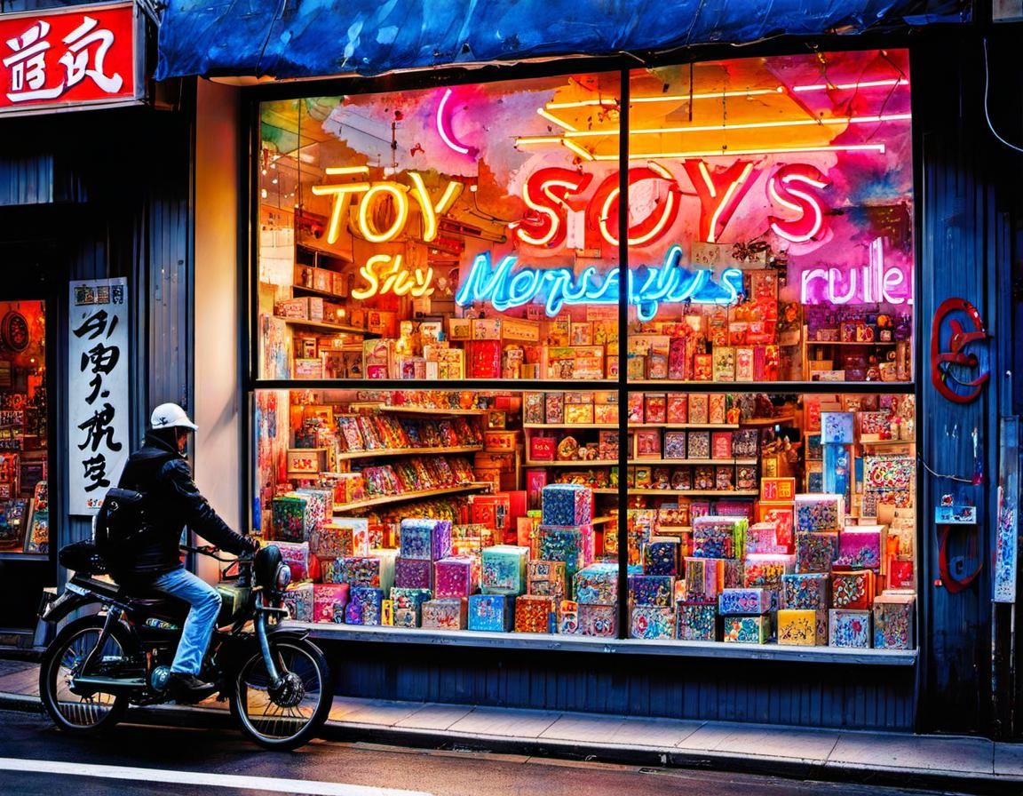 Japanese Toy Store Window Display in Watercolor