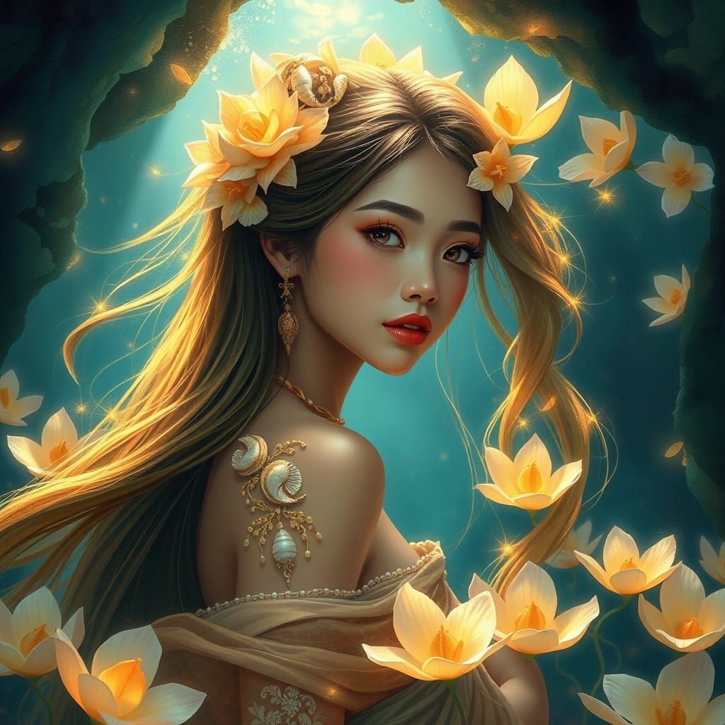 Ethereal Indonesian Woman Emerges from Underwater Grotto