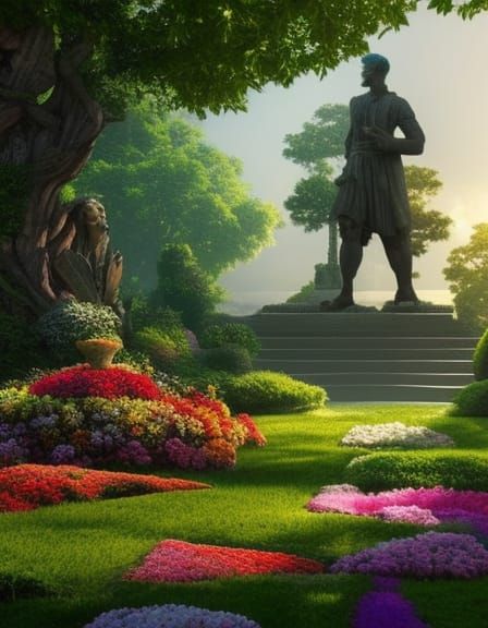 Flowering Garden with Central Statue: Digital Matte Painting