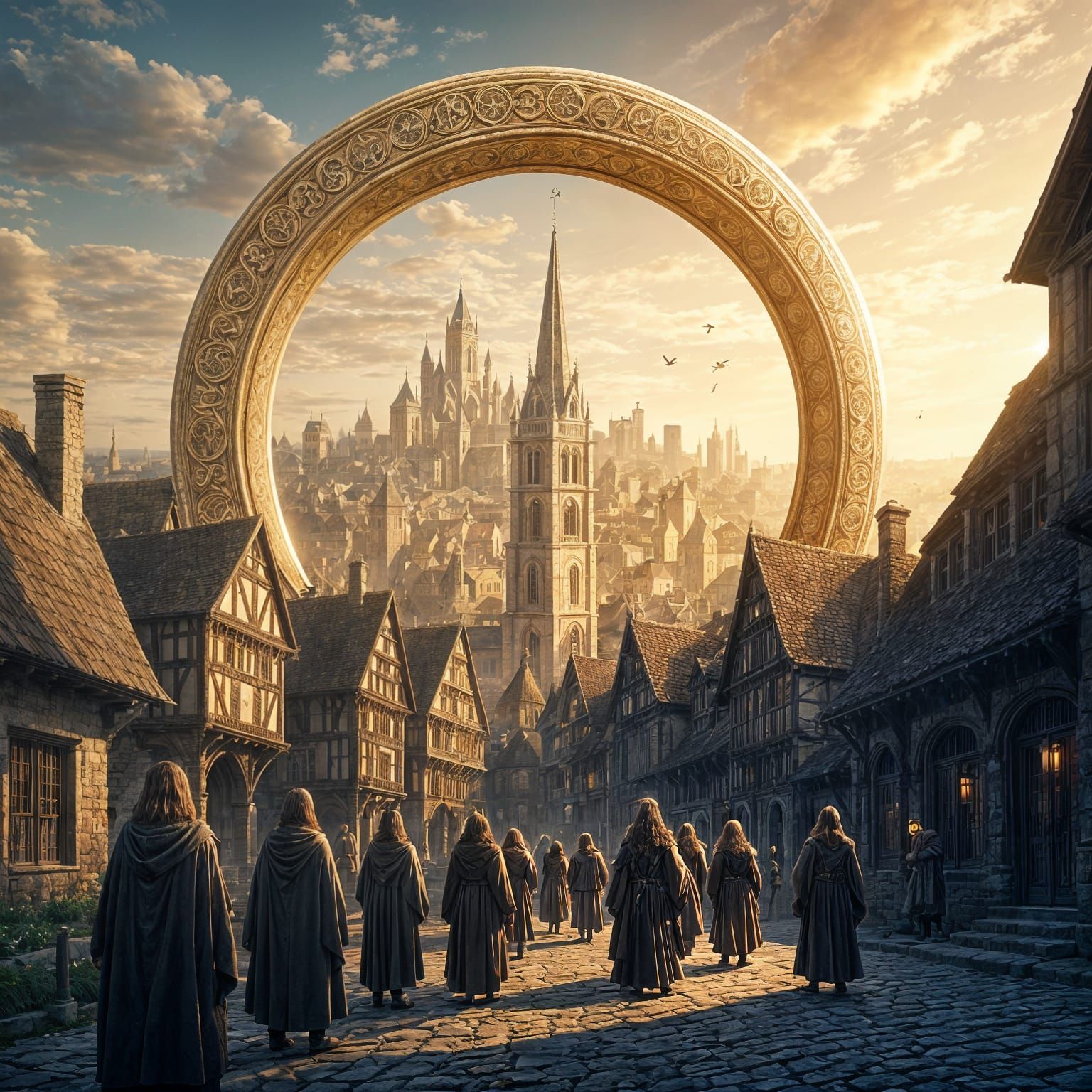 Golden Ring Levitation Over Medieval City