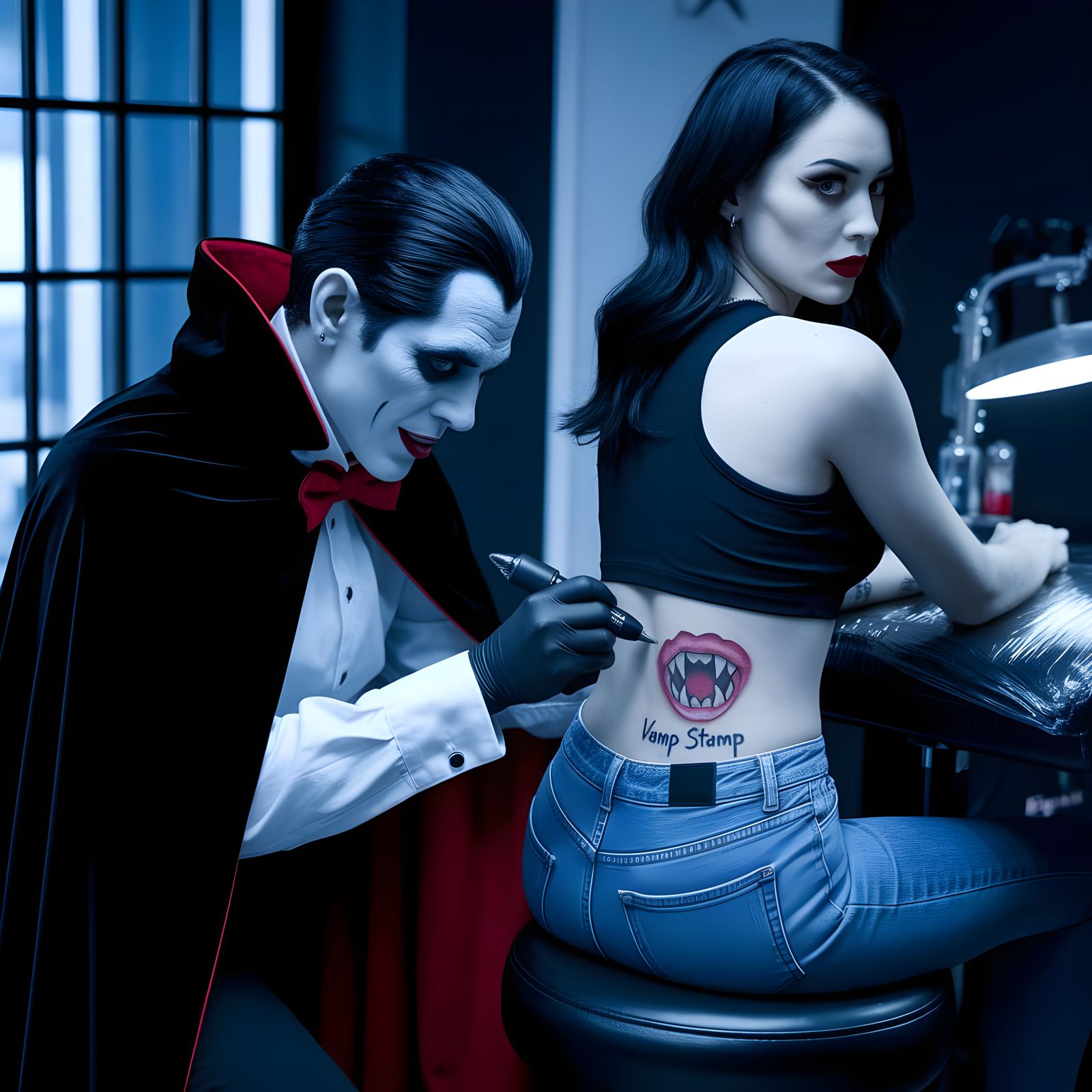 Vampire Tattoo Artist Making a "Vamp Stamp"
