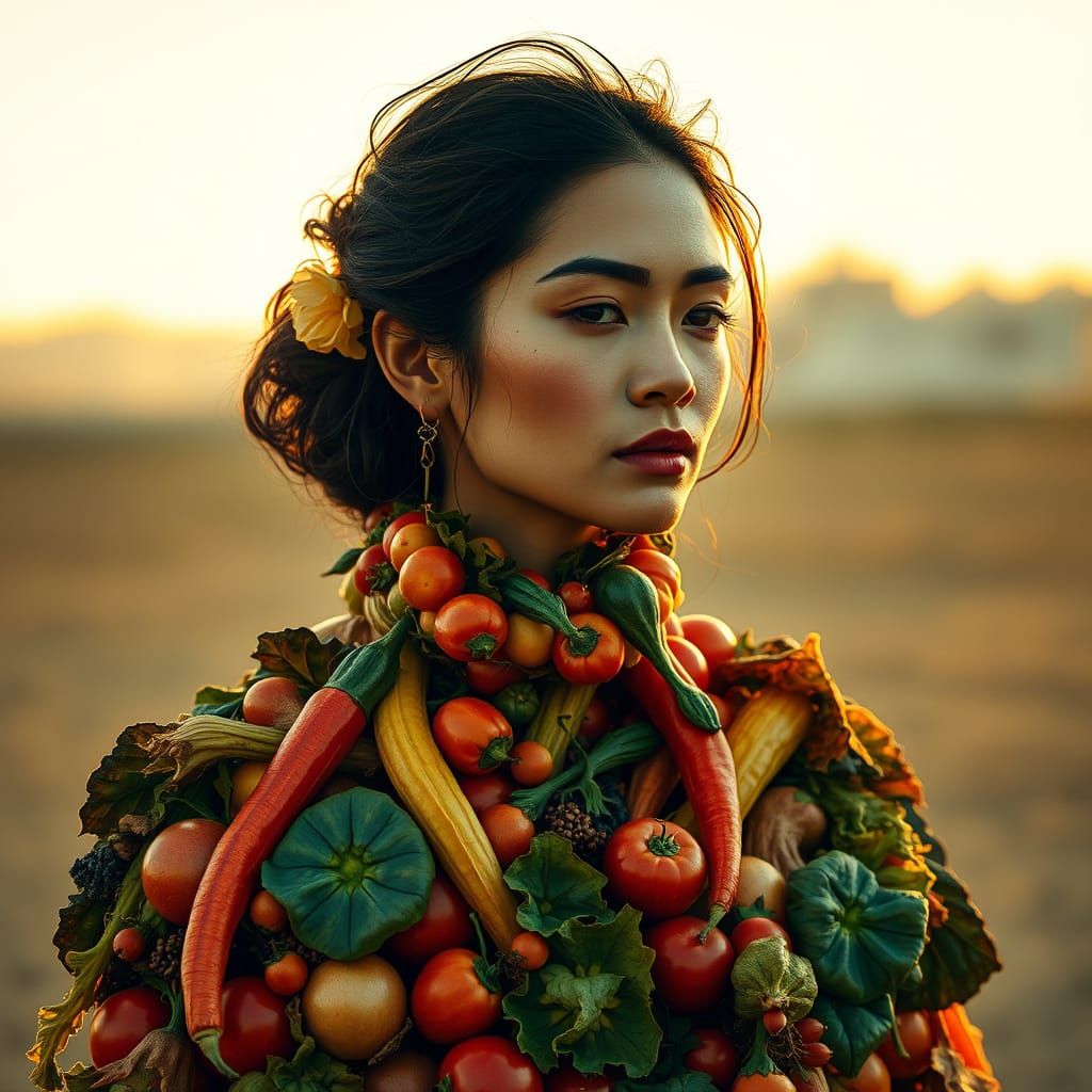 Woman's Portrait Fashioned from Vibrant Vegetables in Golden...