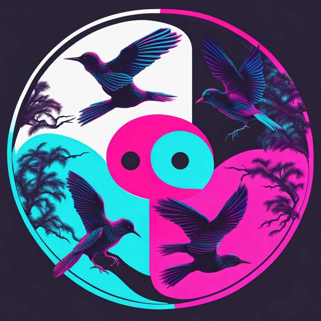 Yin Yang Symbol Made of Birds in Synthwave Neon