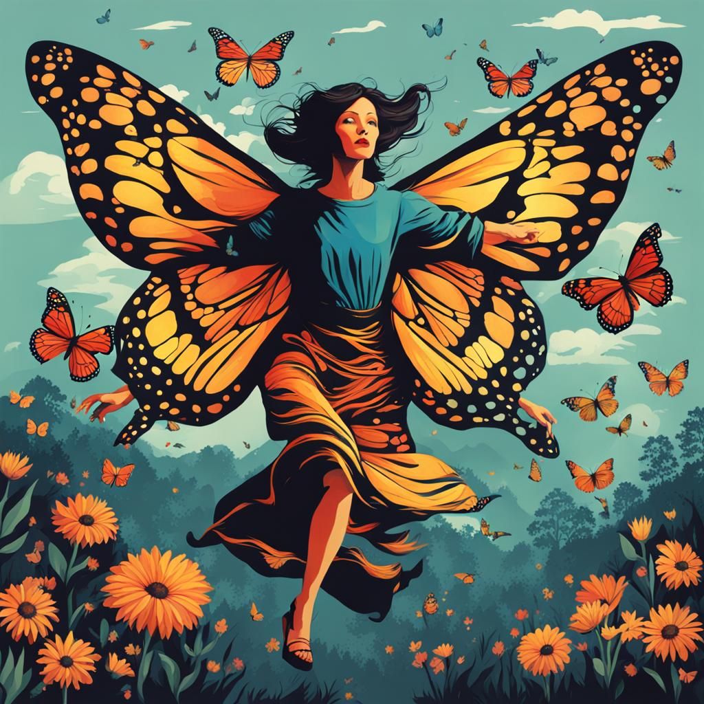 Flying Woman with Butterflies: A Surreal Scene