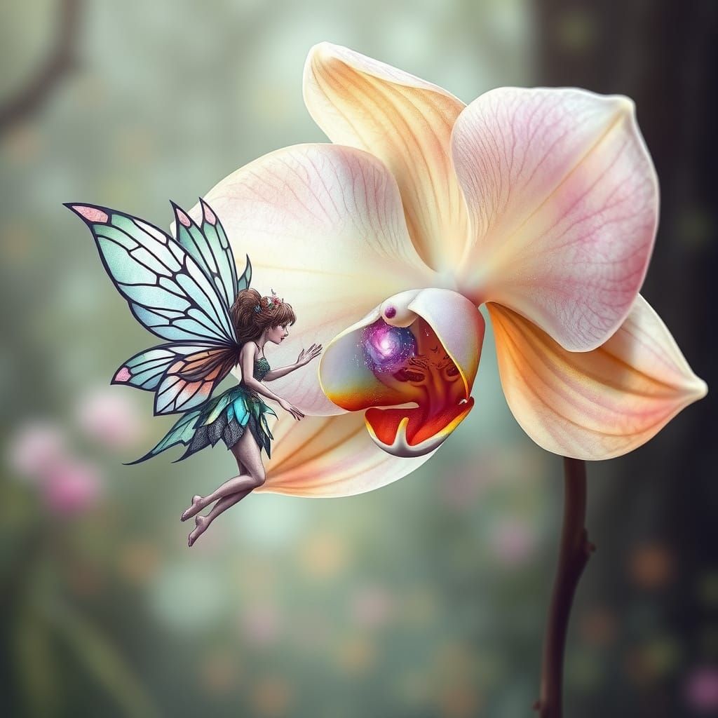 Fairy with Stained Glass Wings Beside Ancient Orchid