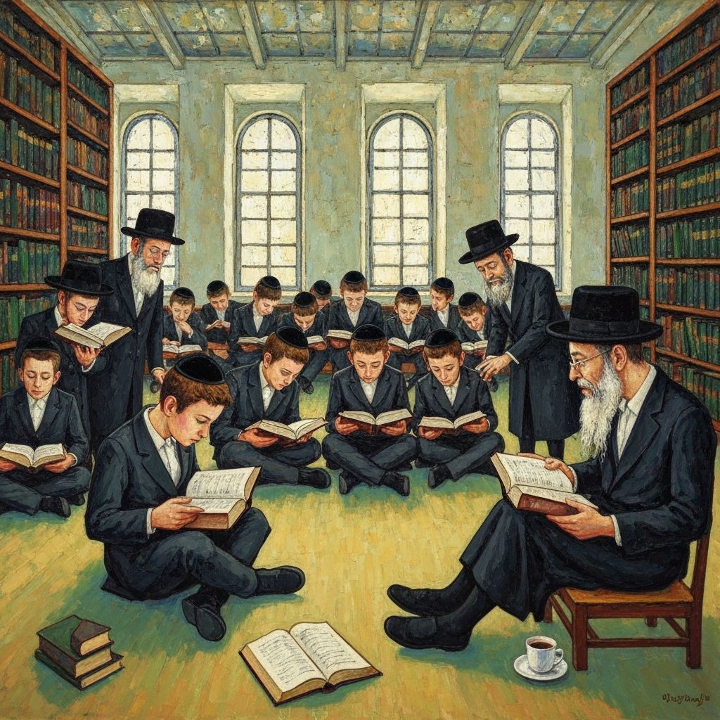 Yeshiva Boys Learning in Textured Impasto Style