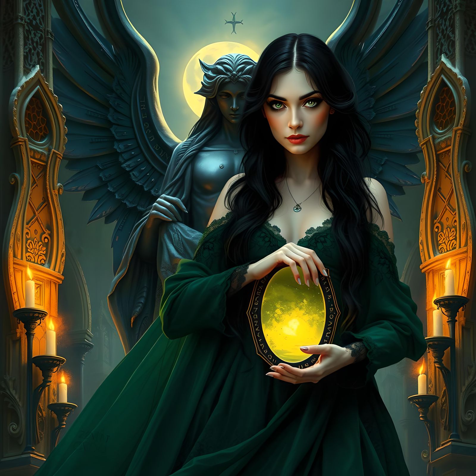 Gothic Woman with Obsidian Angel Statue and Mirror