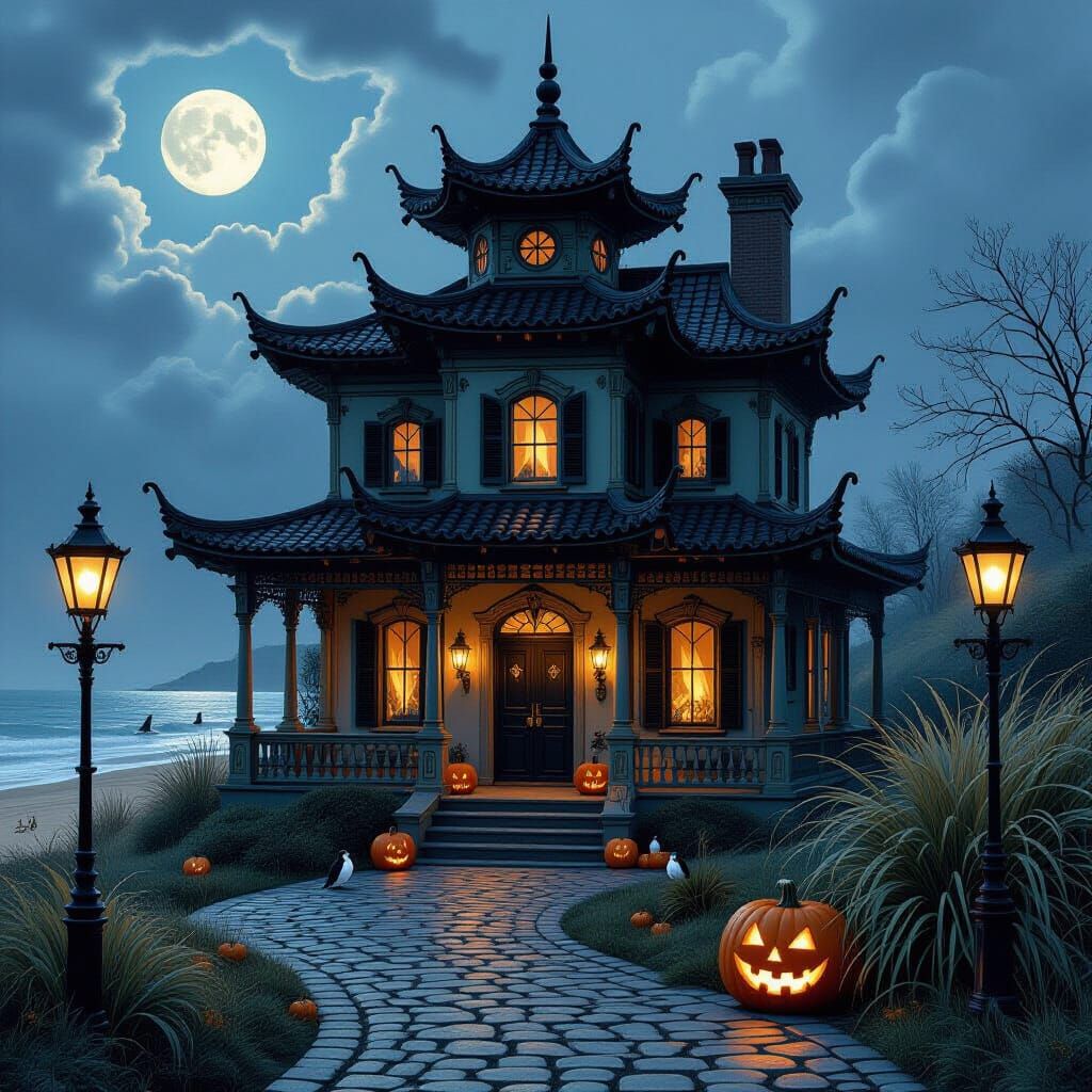 Haunted British Mansion with Pagoda Roof on Halloween Night