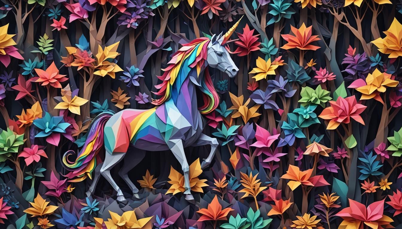 Rainbow Origami Unicorn in Dark Forest
