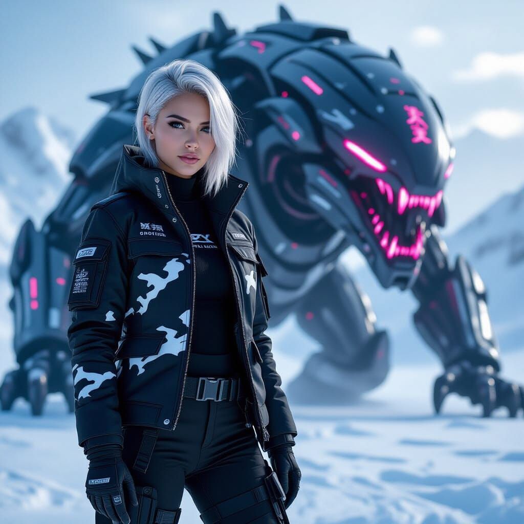 Cyberpunk Woman in Snowy Post-Apocalyptic Landscape
