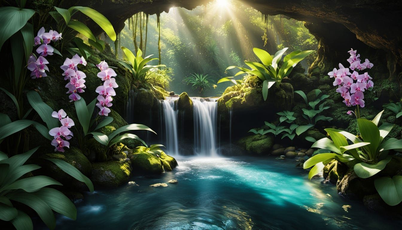 Crystal Waterfall Grotto in Golden Sunlight