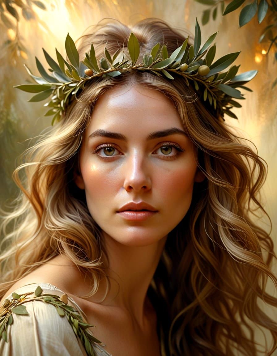 Ethereal Portrait of Woman with Olive-Leaf Crown