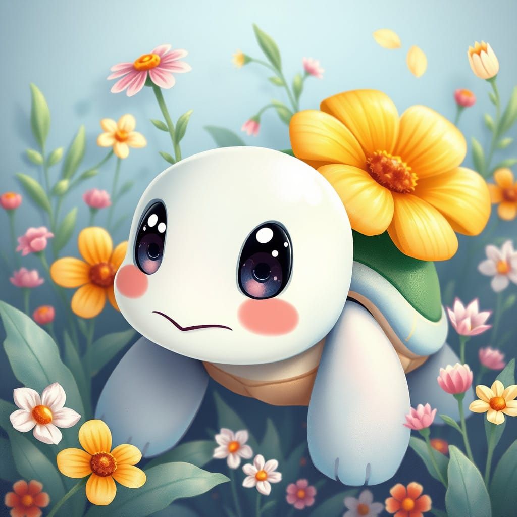 Whimsical Kawaii Turtle in a Vibrant Floral Wonderland