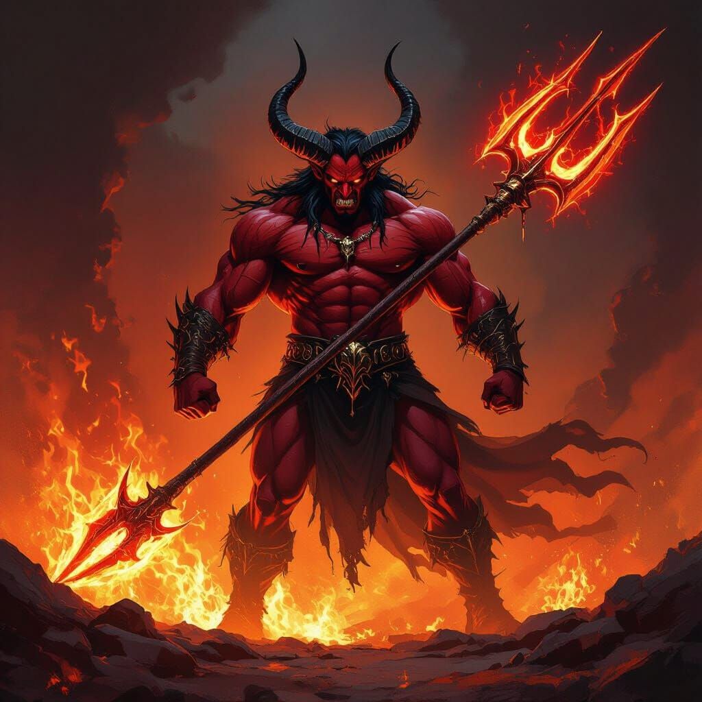 Muscular Demon Wielding Glowing Trident in Fiery Inferno