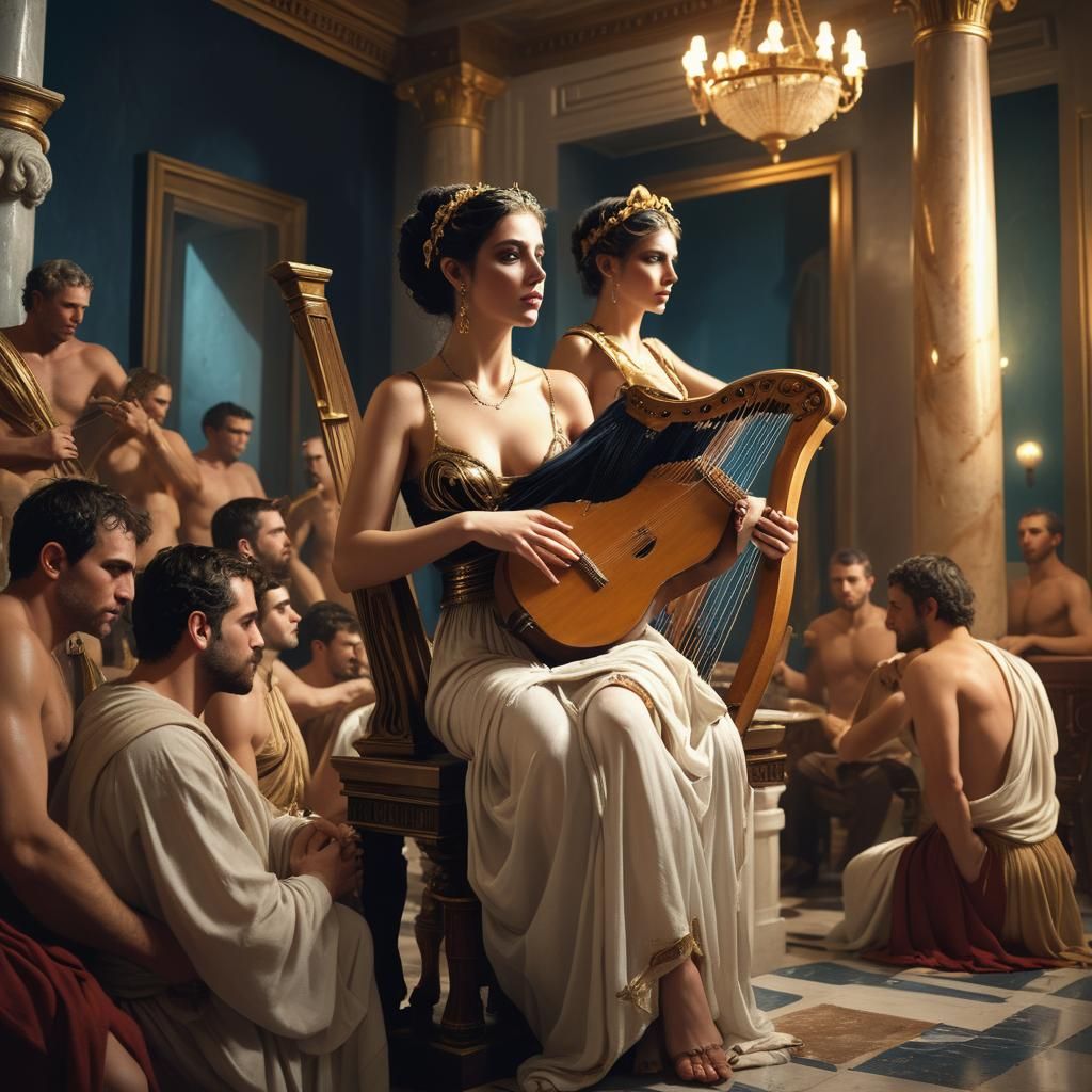 Captivating Greek Courtesan Plays Lyre in Opulent Room