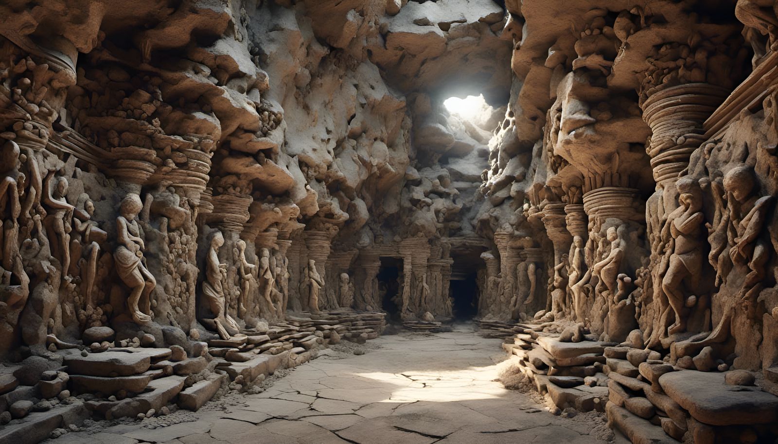 <lora:3D Mapping:1.0> <lora:Aquarius:1.0> Ancient catacombs. The walls are carved with strange bas-reliefs. Photorealist...