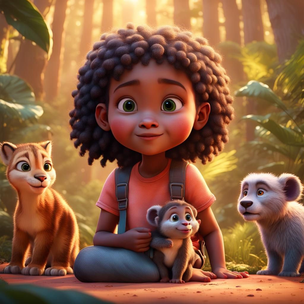 Cartoon Baby Girl in Jungle with Baby Animals