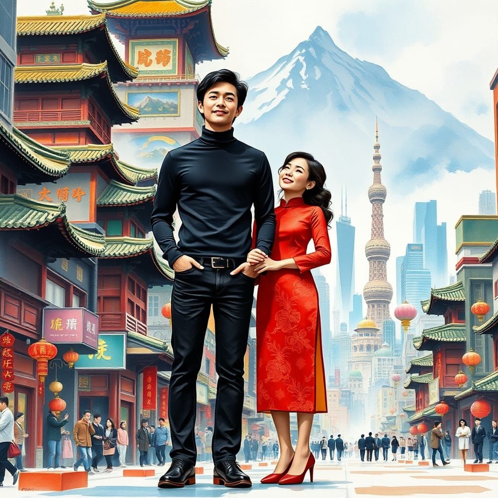 Couple in Vibrant Chinese Cityscape