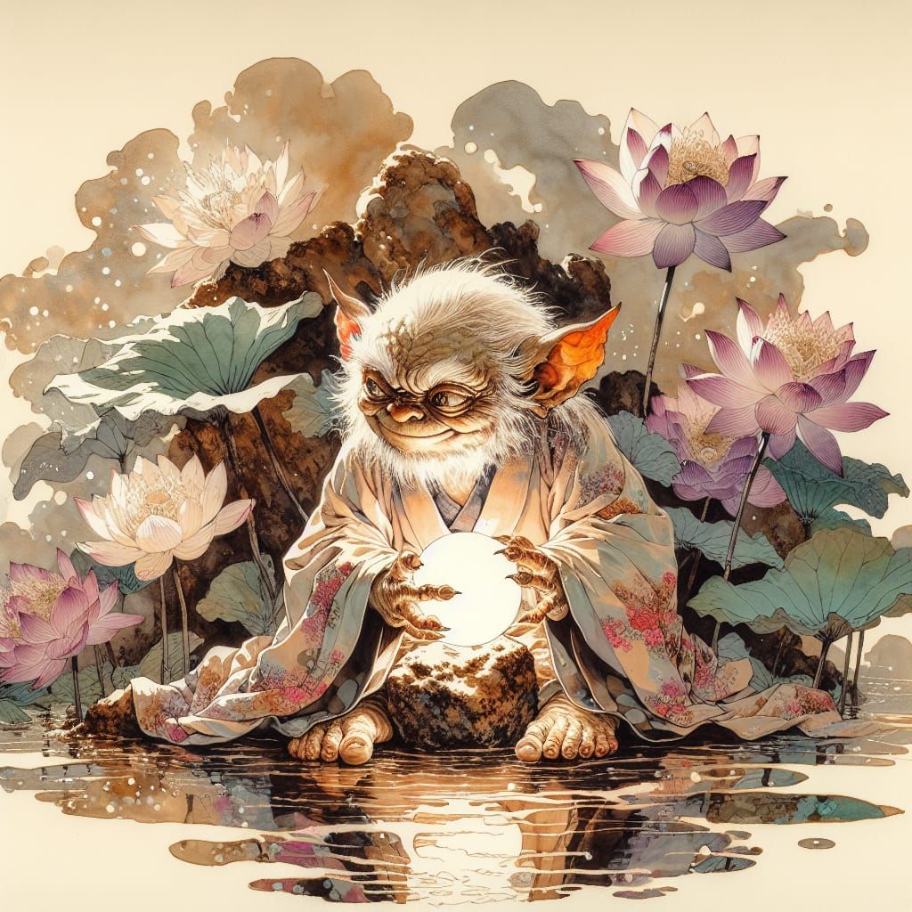 Gremlin in Lotus Garden, Ukiyo-e Style