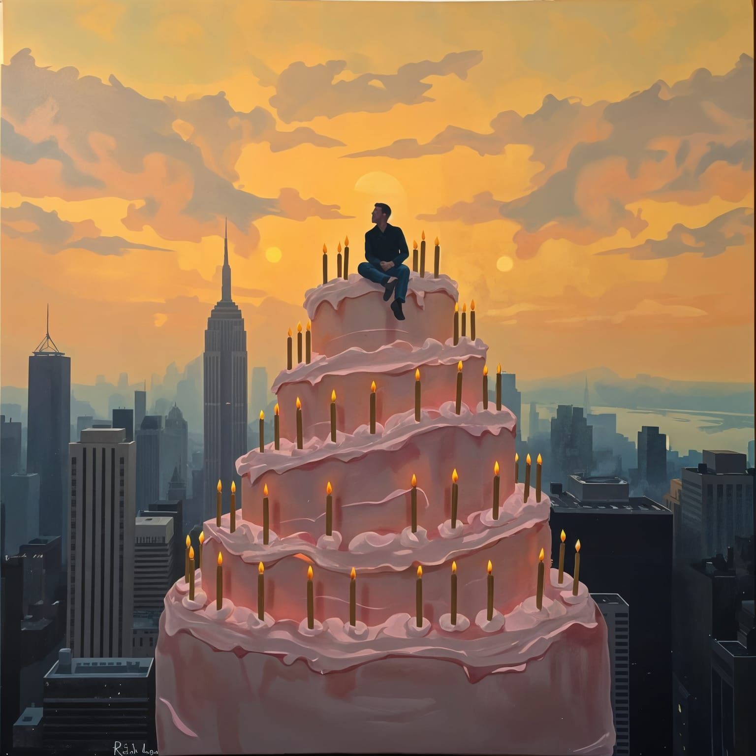 Giant Cake Cityscape: An Impasto Oil Painting