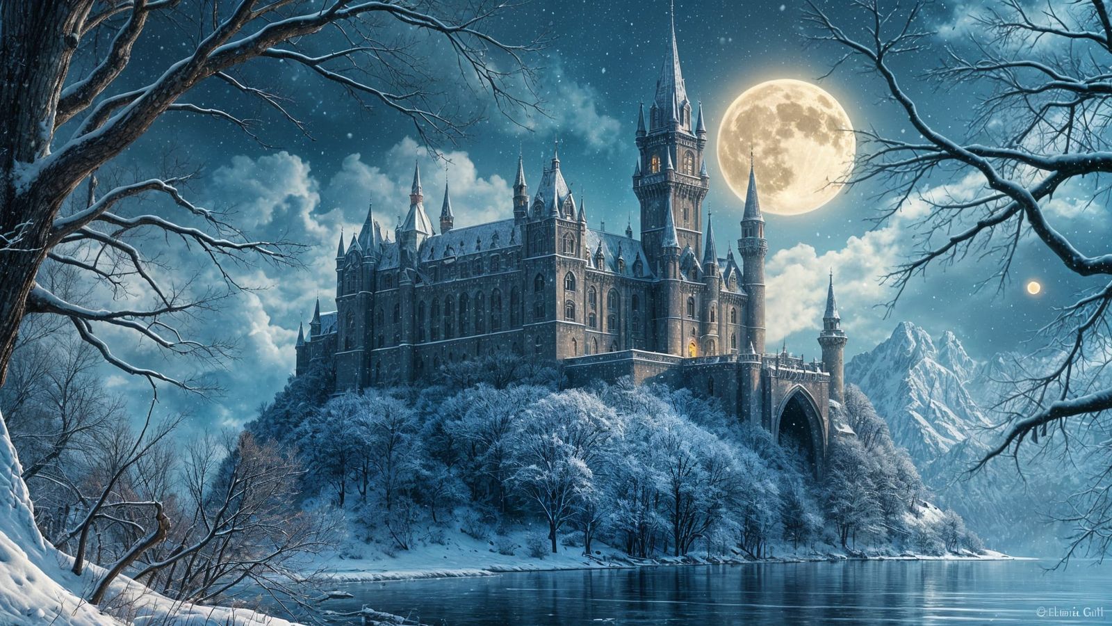 Majestic Gothic Dracula's Castle in Winter Landscape