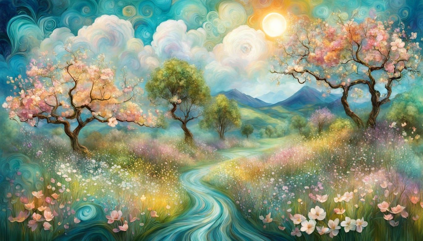 Surreal Spring Equinox Landscape in Impasto Collage Style