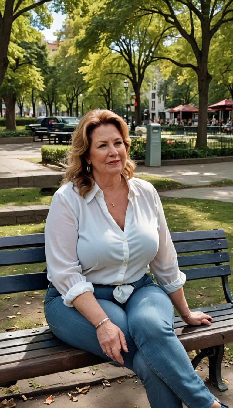 Mature Woman with Large Bust on Park Bench