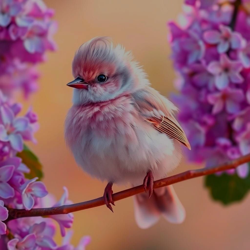 Lilac Hued Bird Perched on Branch, Blending with Spring Flor...