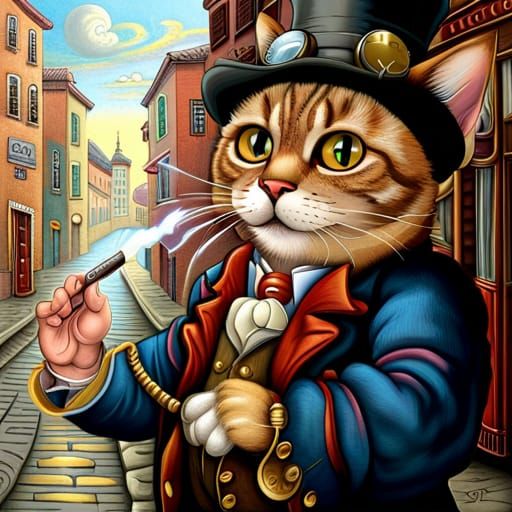 Steampunk Chibi Cat Smoking Cigar with Magic