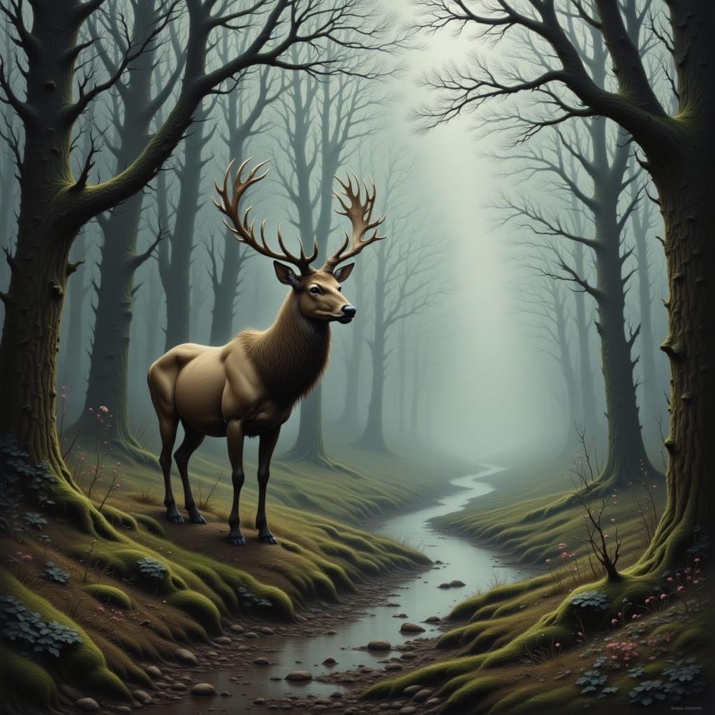 Magical Stag in Misty Forest Scene