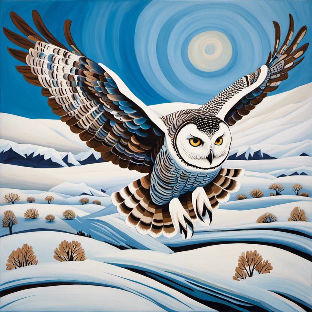 Snowy Owl Flies in Icy Tundra, Art Brut