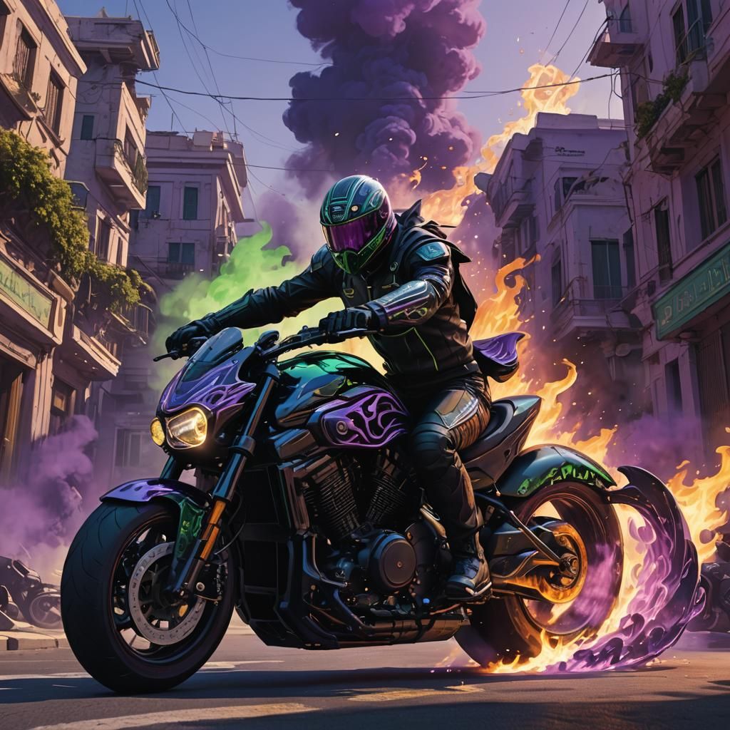 Greek God Rides Flaming Motorcycle in Syd Mead Style
