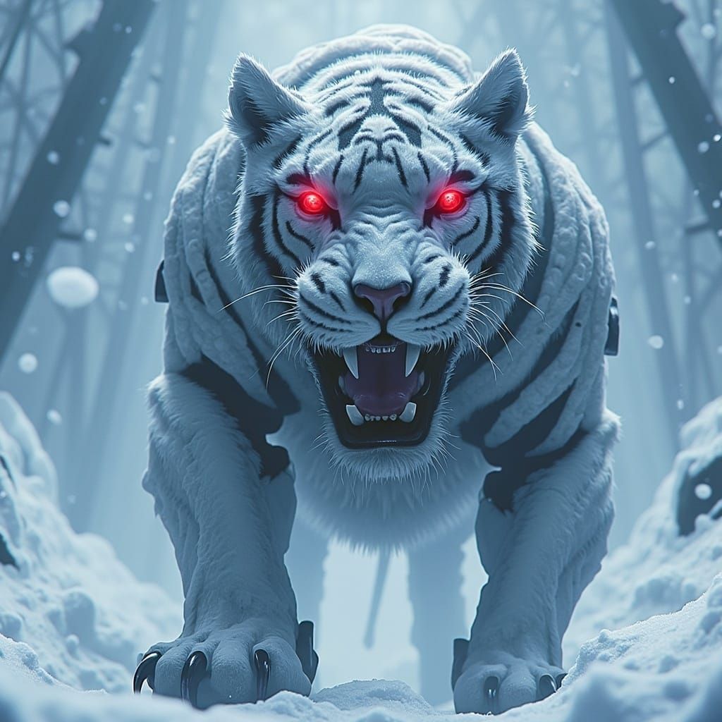 Cyberpunk Tiger with Red Eyes in Snowy Wasteland