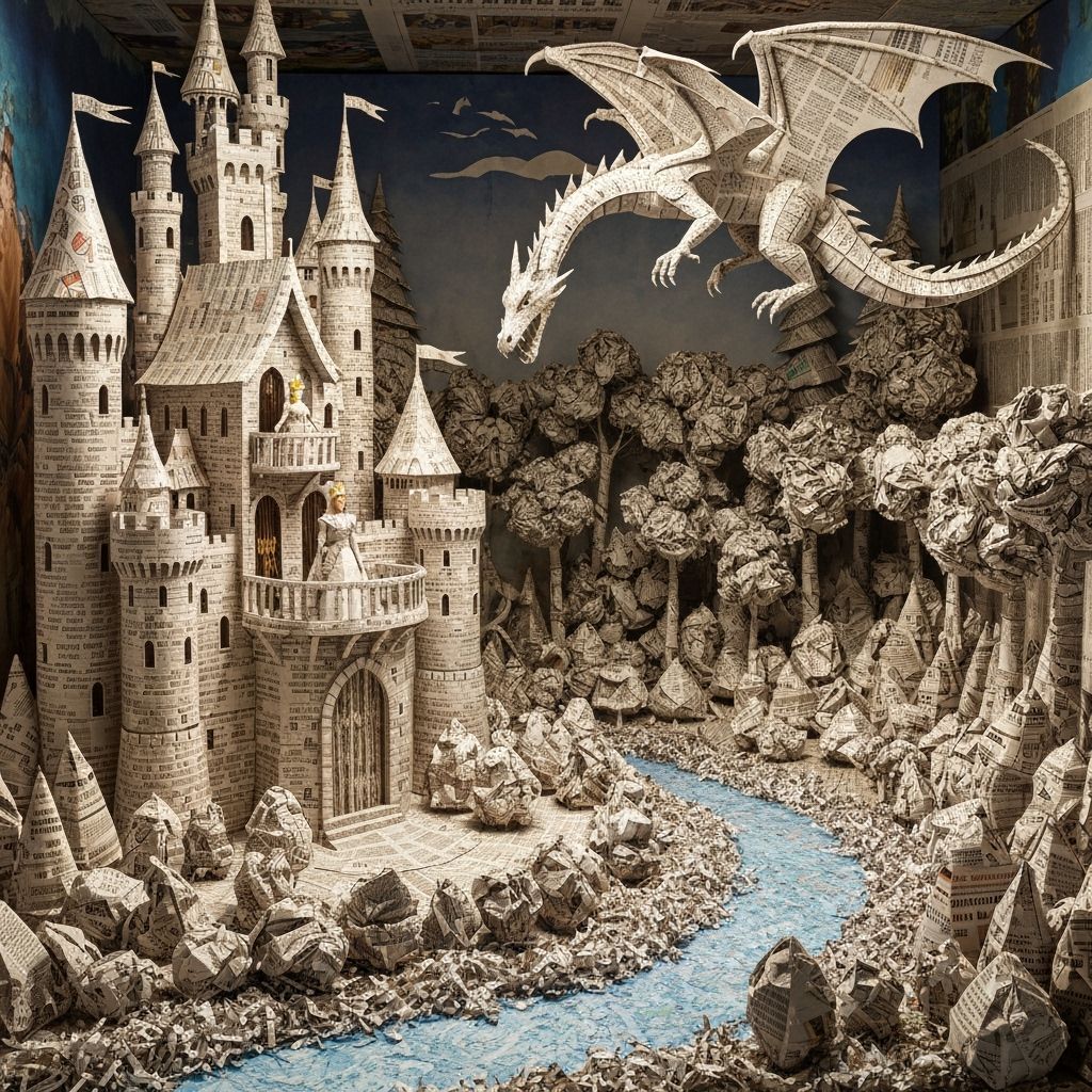 Whimsical Newspaper Fairy Tale Castle Diorama