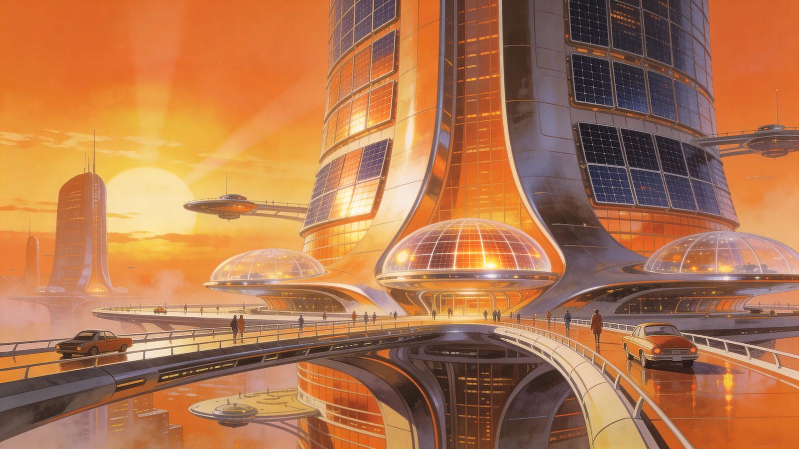 Retro Utopian Cityscape Bathed in Sunset Light