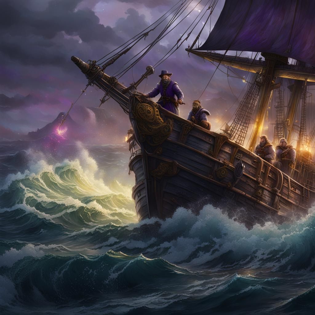 Whaler Crew on Stormy Seas: Dark Fantasy Concept Art