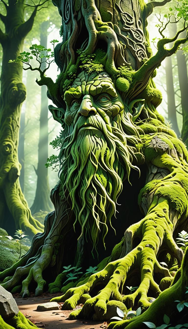 Moss-Covered Treant Carving Stone in Elvish Forest