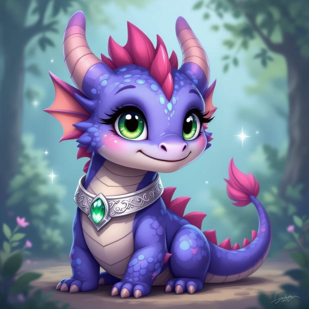 Cute Purple and Blue Dragon with Green Eyes