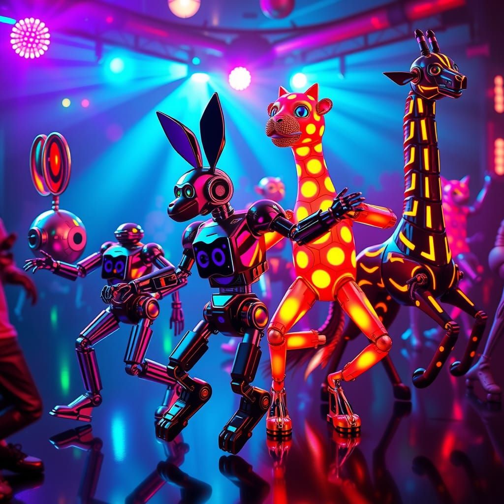 Robot Animals Dancing at a Neon Silent Disco