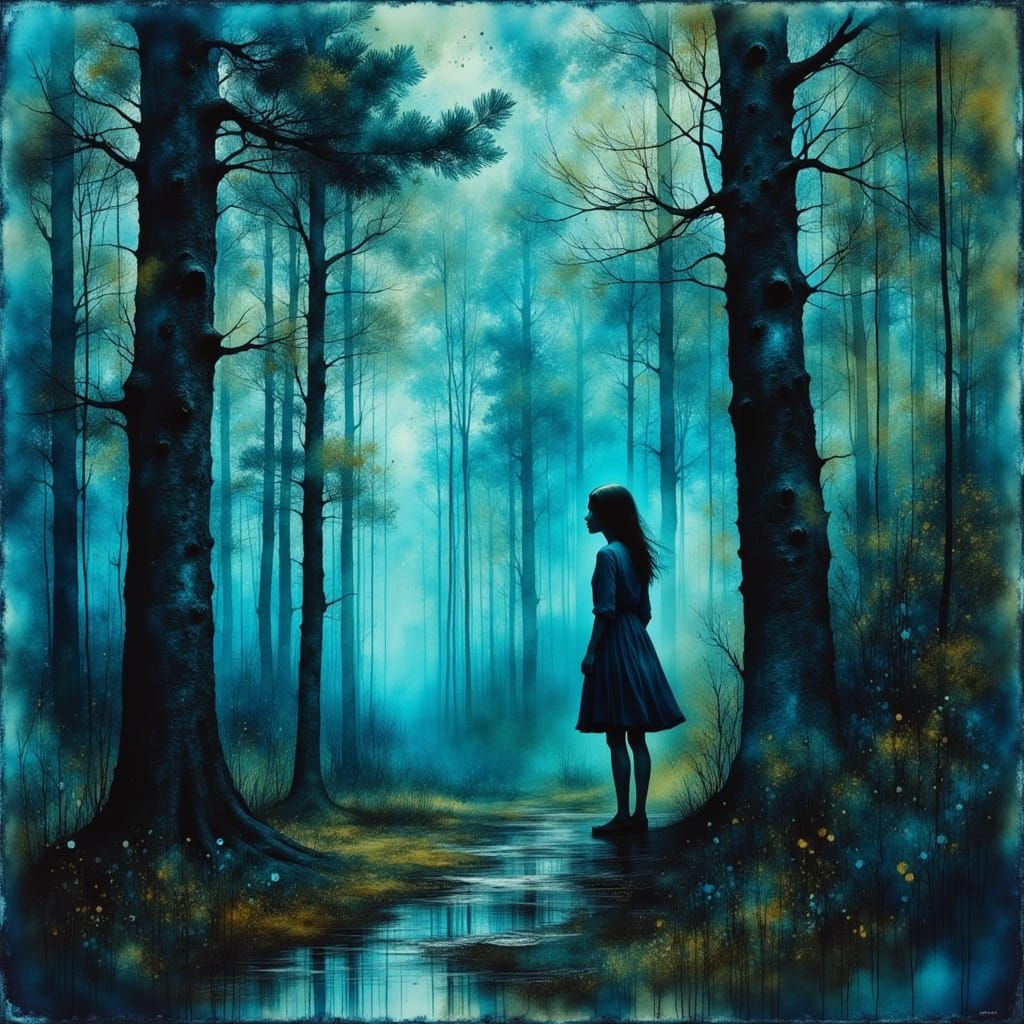 Melancholy Wolf Girl in Rainy Forest, Impasto Style