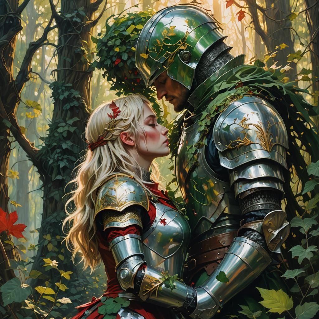 Knights' Passionate Kiss in Dystopian Forest, Unreal Engine