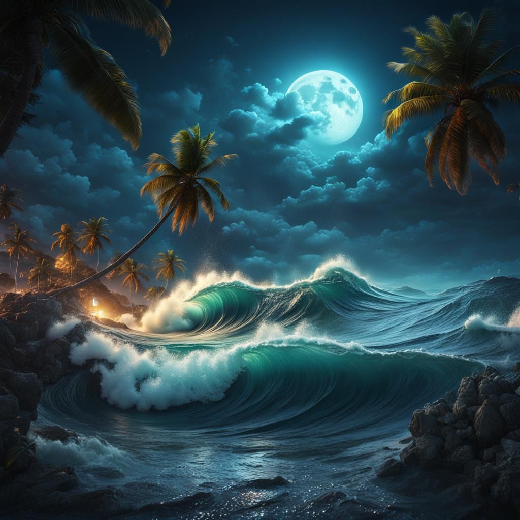 Tropical Tidal Wave Approaches Cuba at Night