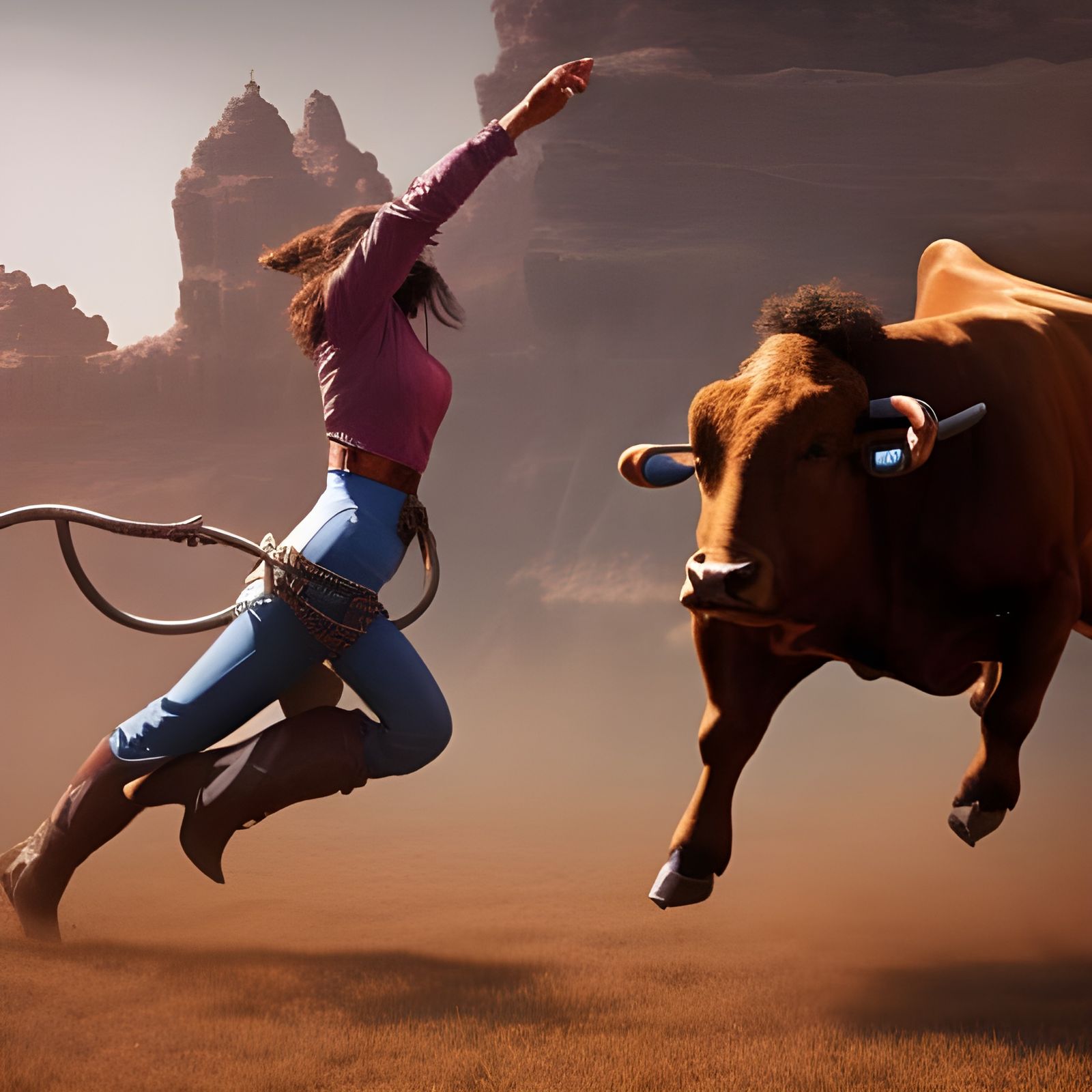 Cowgirl Wrangling Bull: Detailed Fantasy Art