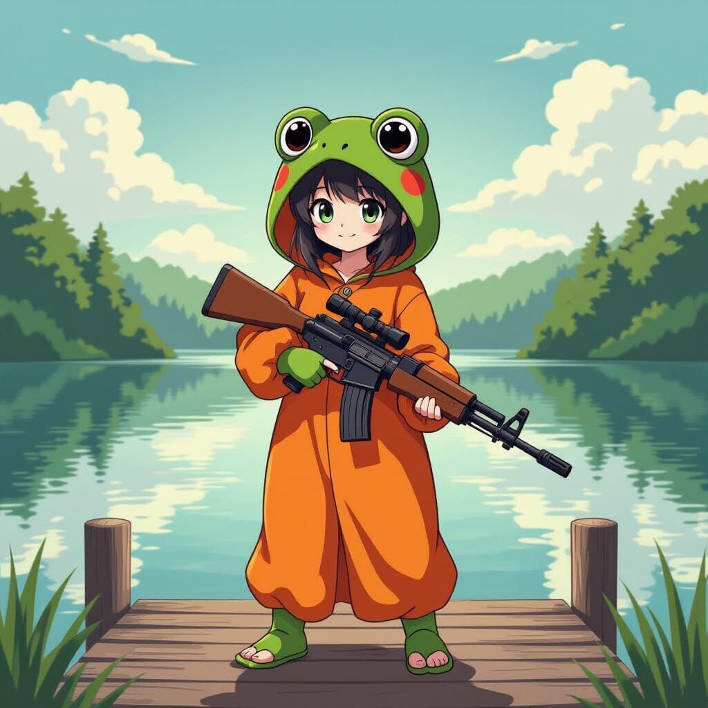 Anime Girl in Frog Costume on Lake Dock